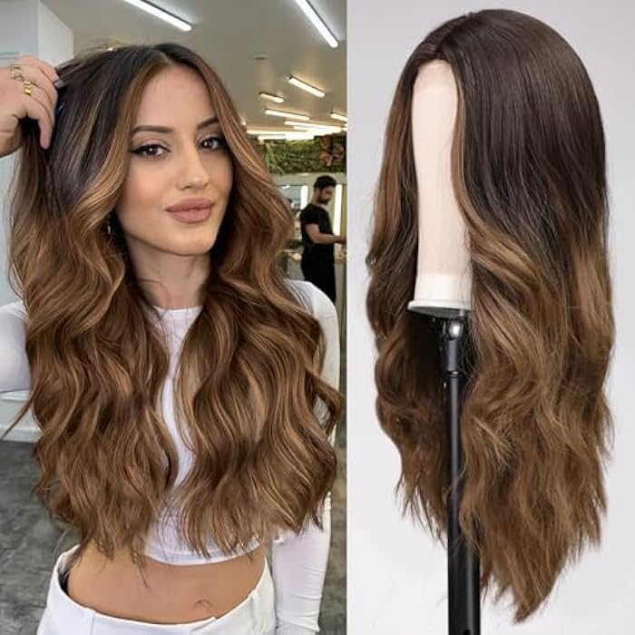 ECIF Long Curly Ombre, Brown Wigs For Women Middle Part Synthetic Wig Natural Looking Heat Resistant Fiber Lace Wigs 26 Inch（Brown） - Image 1